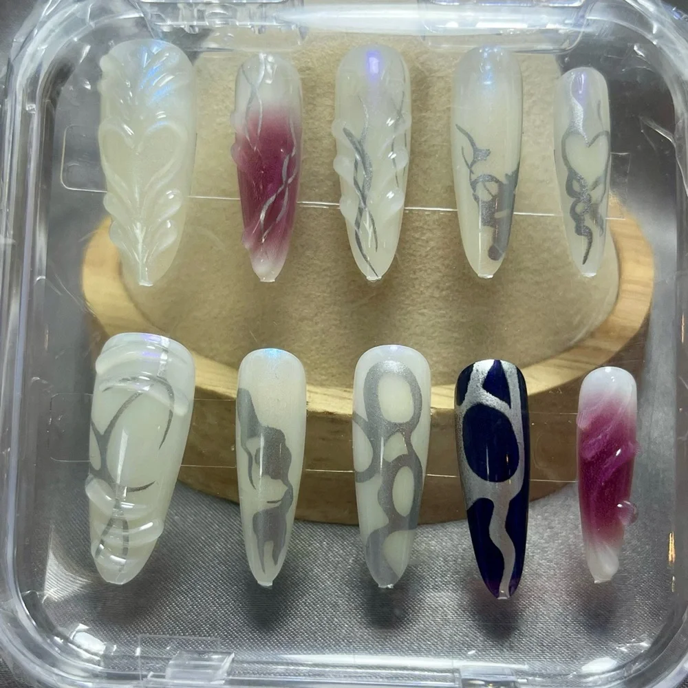 Elegant Nail Art Set 3D Silver & Purple Accents Press On reusable handmade 10 pc - Picture 3 of 7